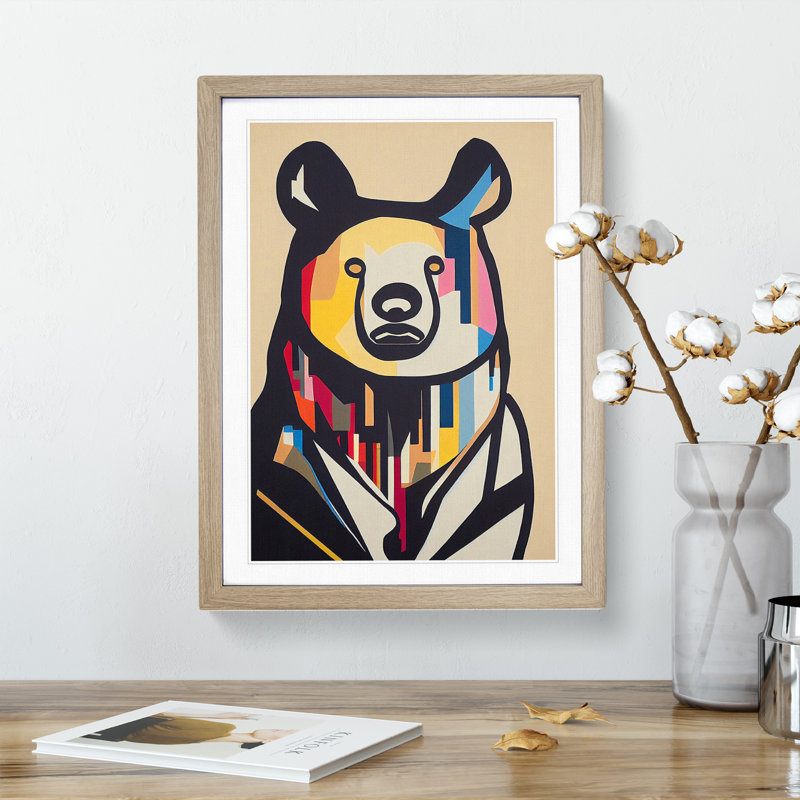 Abstract Bear - Single Picture Frame Print, 64cm H x 46cm W x 2cm D, Oak