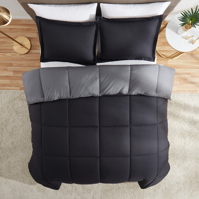 All Season Down Alternative Reversible Comforter Set, Black/Gray, King Comforter + 2 King Shams