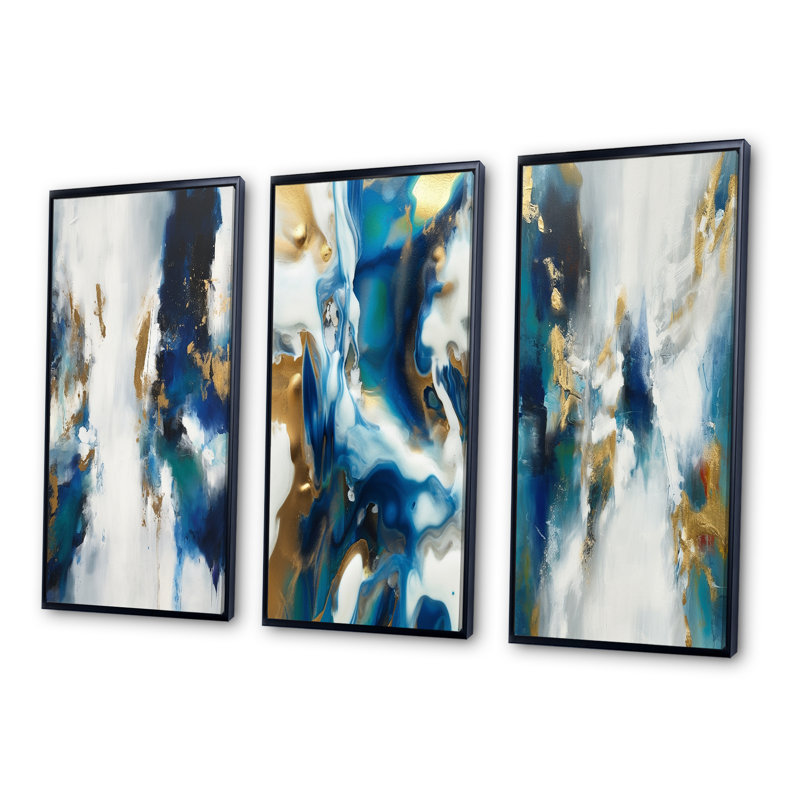 «Feeling Spirit Abstract» en bleu et or - Ensemble de 3 impressions, Cadre flottant noir, H 32 po x l 48 po