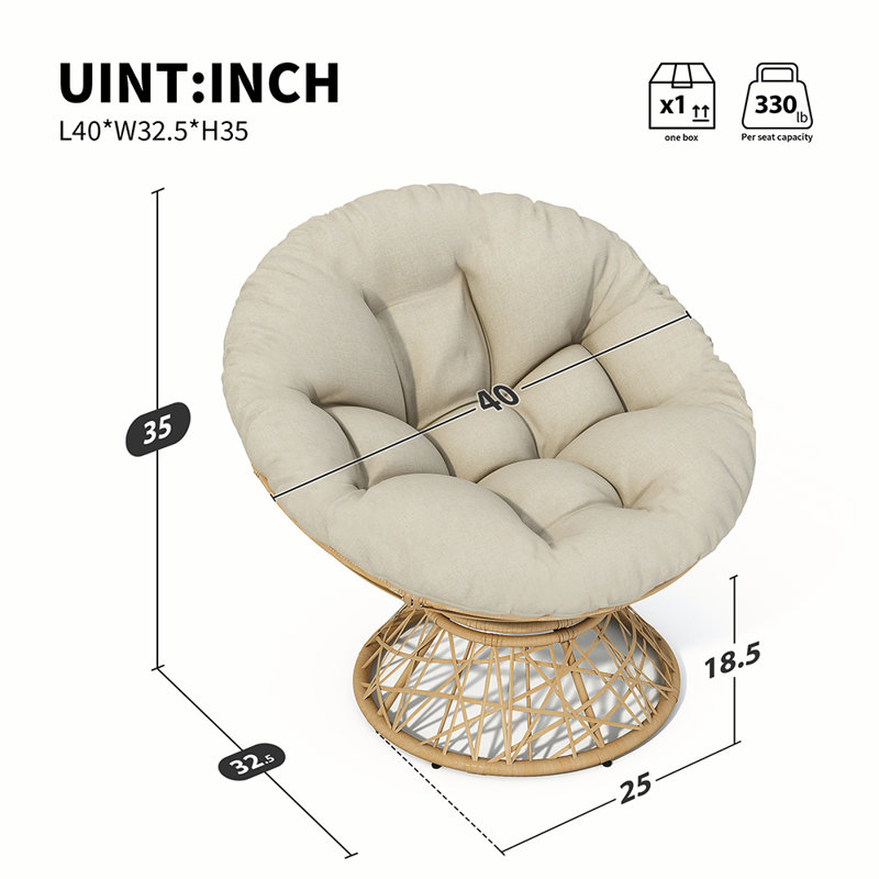 Chaise ergonomique en osier de 41,5 po avec pivot à 360 °, coussin épais, structure en fer, Polypropylène beige