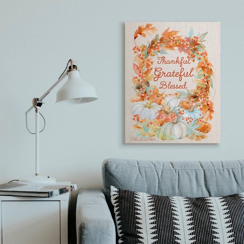 «Thankful Grateful Blessed Text Autumn Harvest» par Sherri Buck Baldwin - reproduction d'art textuel, Toile tendue