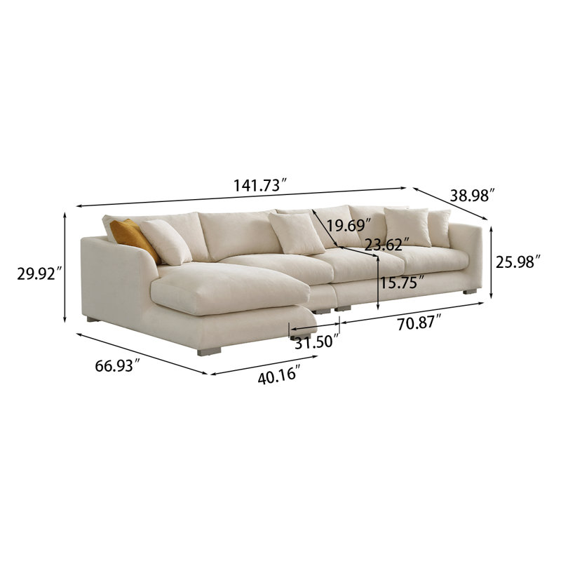 Canapé modulaire minimaliste beige 141,73 po avec méridienne gauche, 4, 29.92" H x 141.73" W x 66.93" D, Beige