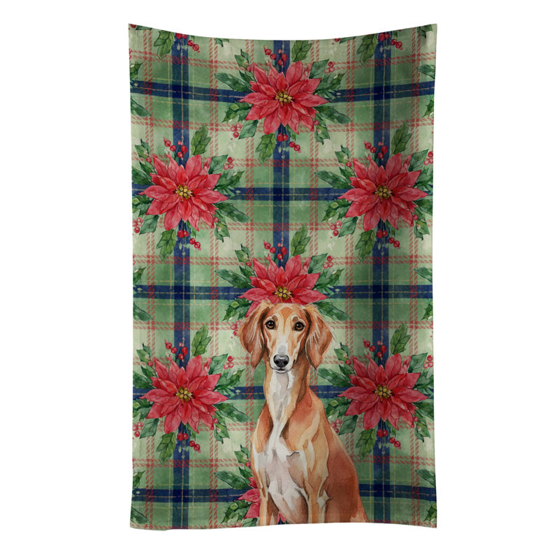 Red Saluki Christmas PoinsettIas Kitchen Towel, Red Saluki