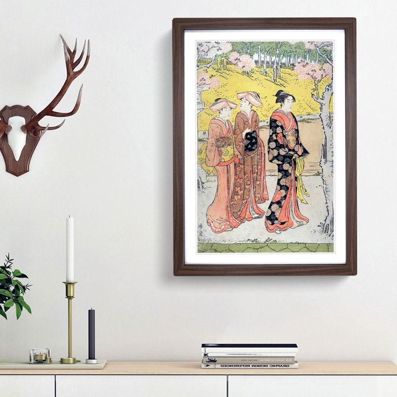 Cherry-Blossom Viewing at Shinobazu Pond by Torii Kiyonaga - Picture Frame Painting Print, Walnut Framed