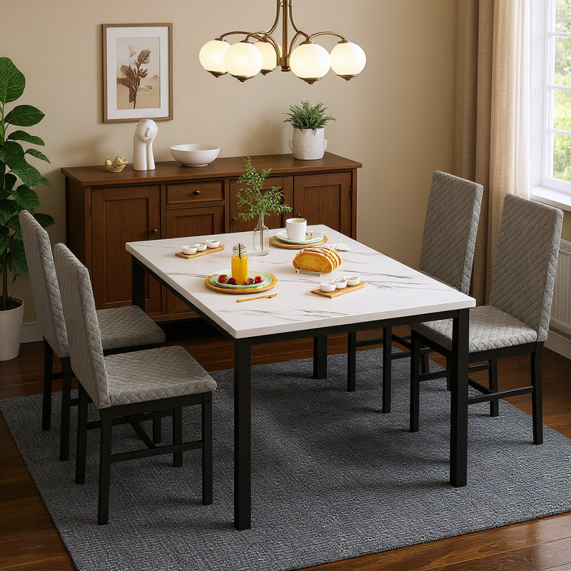 Ensemble de table de salle à manger 5 pièces en faux marbre avec 4 chaises, Blanc, Gris