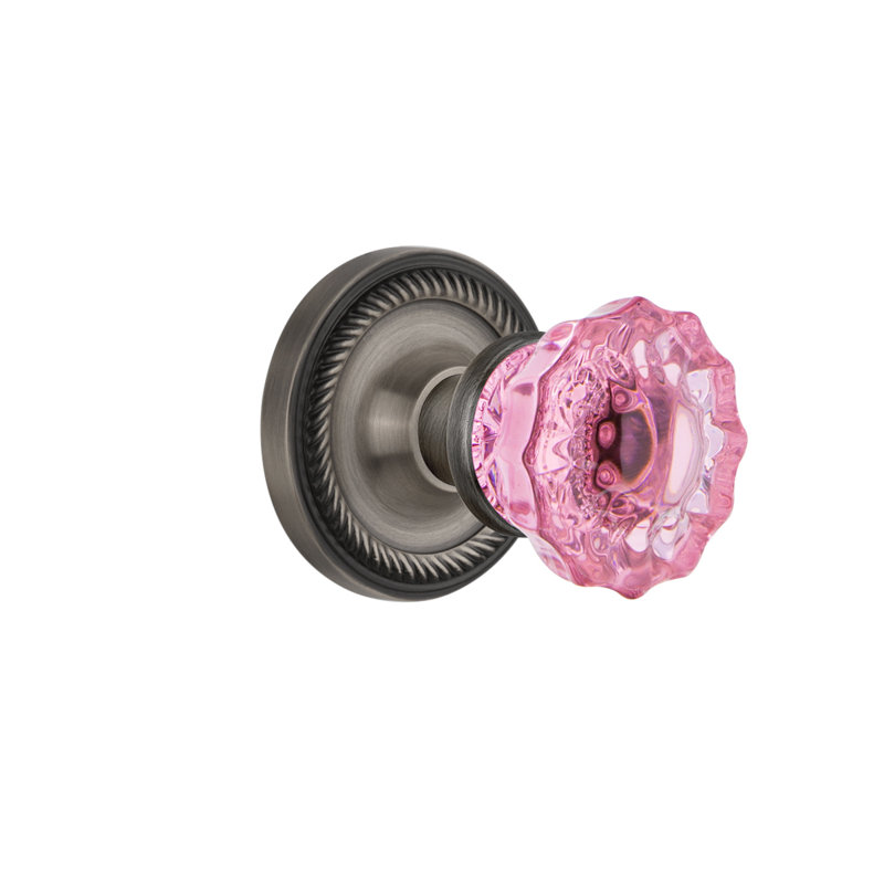 Rosette en corde avec bouton de porte rose cristal, Étain antique, 2 3/4