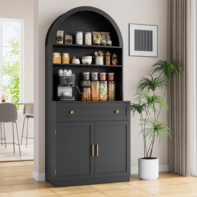 70" Tall Arched Kitchen Pantry, Modern Kitchen Storage Cabinets with Open Shelves