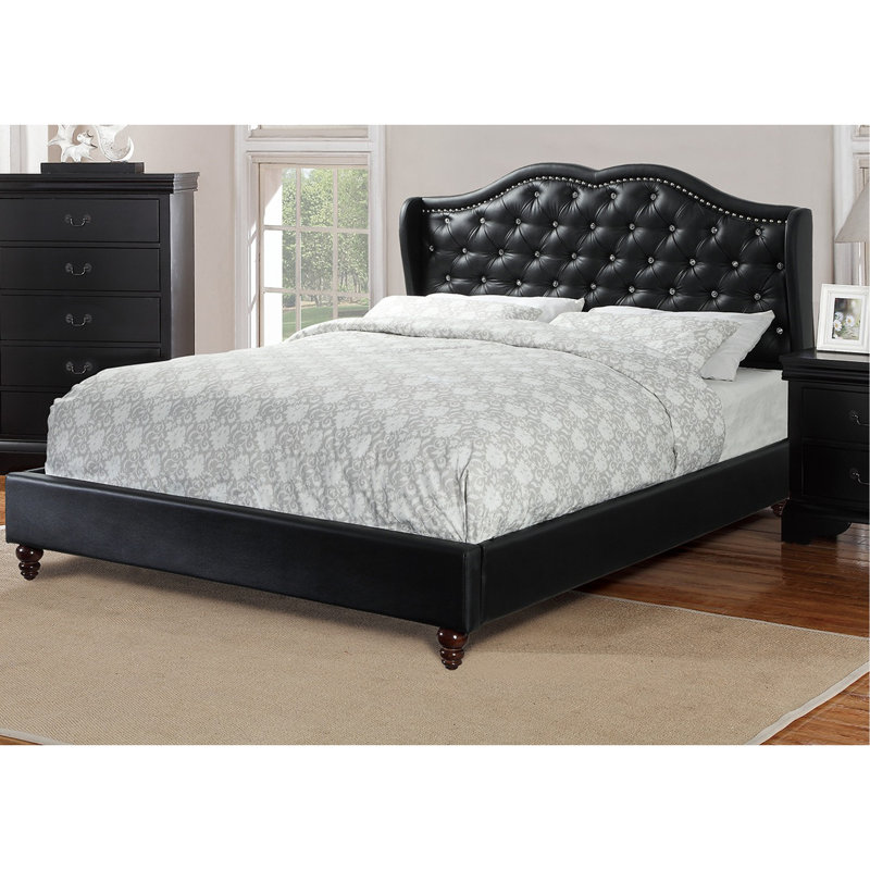 Ensemble de grand lit double avec similicuir noir, conception à oreilles, cadre de lit, tête de lit, mobilier de chambre capitonné
