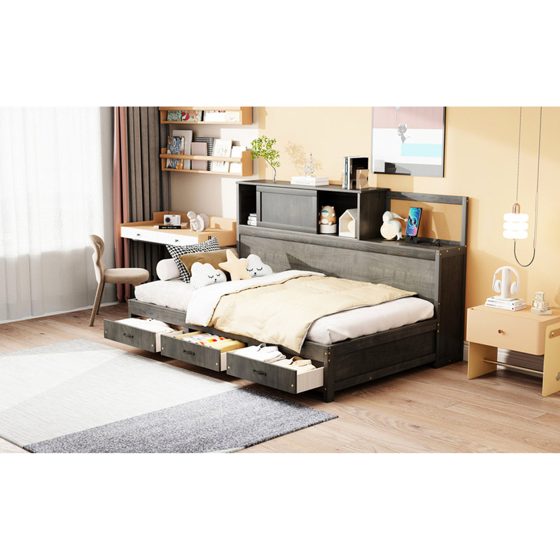 Lit de jour gris en bois de taille simple avec 3 unités de rangement cachées, une planche souple et des options de chargement pour un compartiment de rangement bien rangé, une chambre de détente Points supérieurs