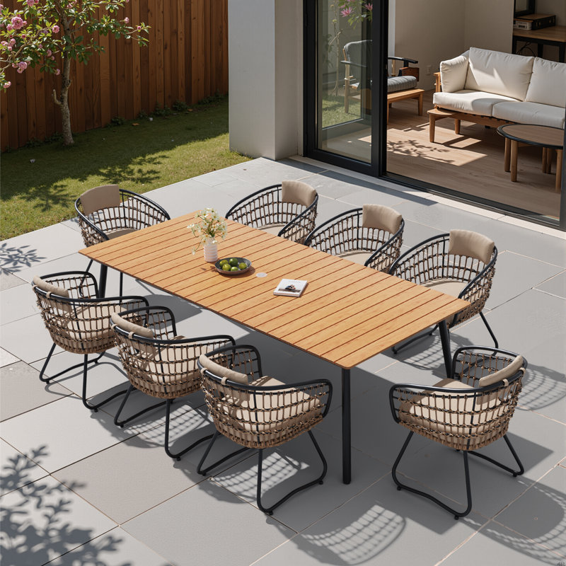 8 - Person Metal Patio Dining Set With Removable Cushions And Umbrella Hole, Beige Cushion/Brown Table Top