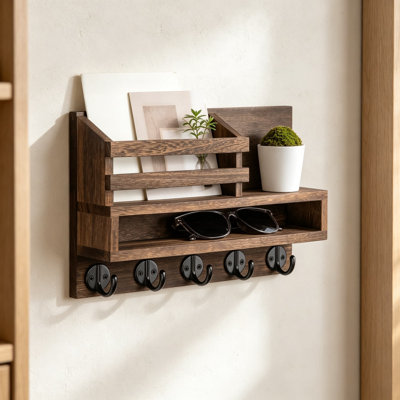 Porte-clés mural et porte-clés, porte-clés avec tablette de rangement et 5 crochets pour vestibule, manteau, laisse pour chien, organisateur de décor de maison de campagne