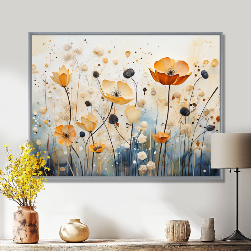Décoration murale orange et bleu avec sourdine botanique I - Botanicals abstraits, H 34 po x l 44 po x P 1,5 po