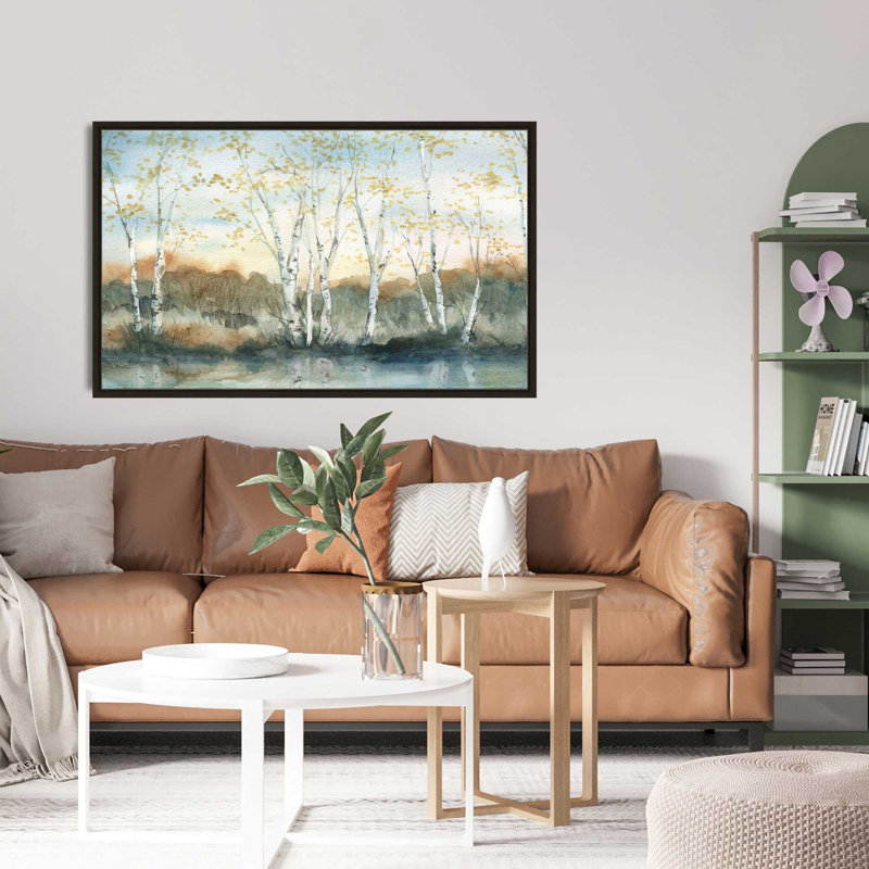 Birch Riverbank - Peinture, L 51,5 po x H 31,5 po, Encadrement brun