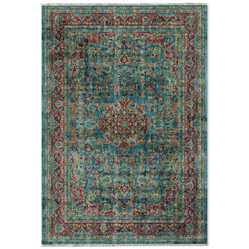 Pender Teal Fuschia Oriental Vintage Look Cotton Chenille Area Rug, Rectangle 6'7" x 10'6"