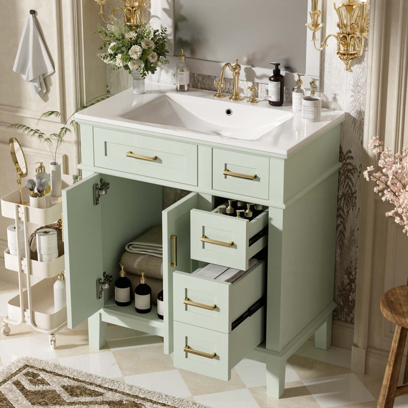 Meuble-lavabo élégant avec rangement avancé et lavabo en céramique durable, Vert