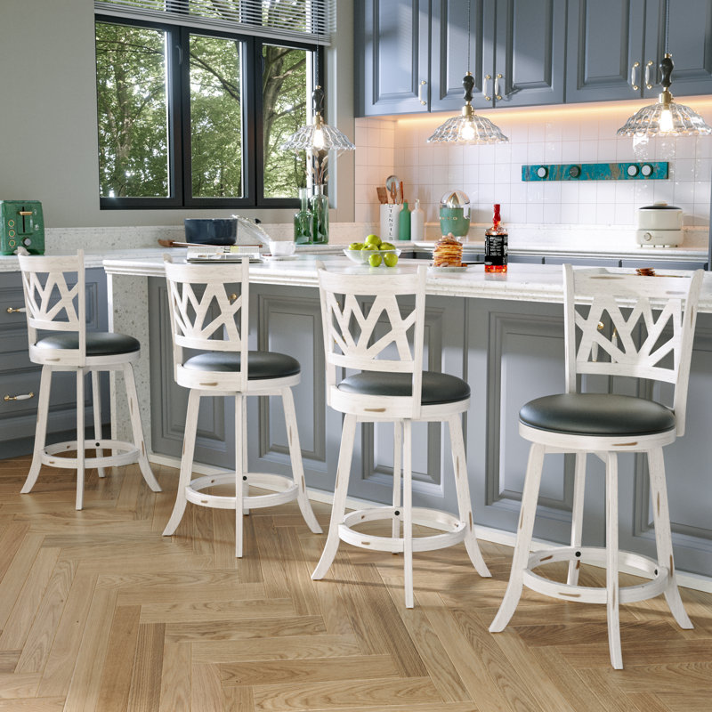 Swivel Upholstered Stool with Solid Wood Frame, White, Counter Stool (24" Seat Height)