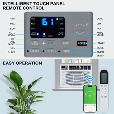 Climatiseur de fenêtre avec chauffage et télécommande, contrôle WiFi