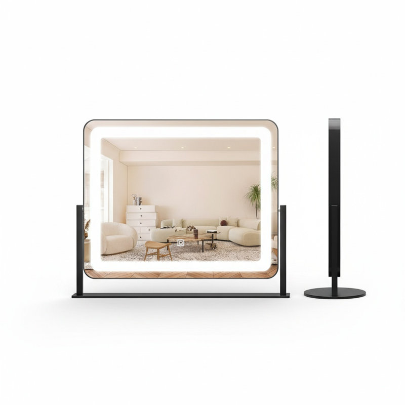 Miroir de maquillage éclairé pour meuble-lavabo de table, éclairage à DEL à intensité variable 3 couleurs, commande à écran tactile, rotatif à 360 °, base antidérapante pour chambre à coucher et coiffeuse