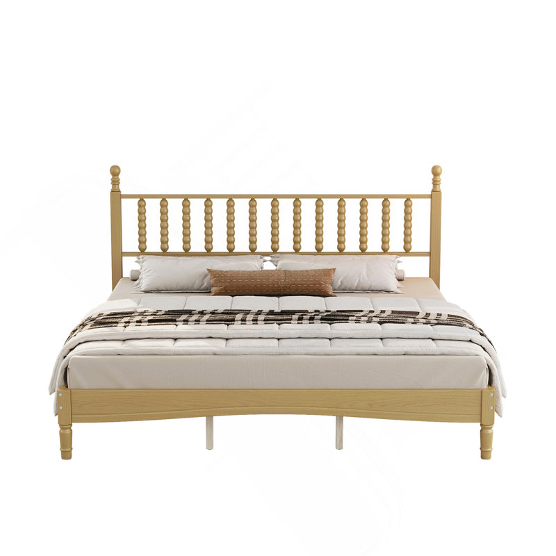 Lit plateforme très grand en bois avec tête de lit en forme de gourde, style rétro avec support à lattes, naturel