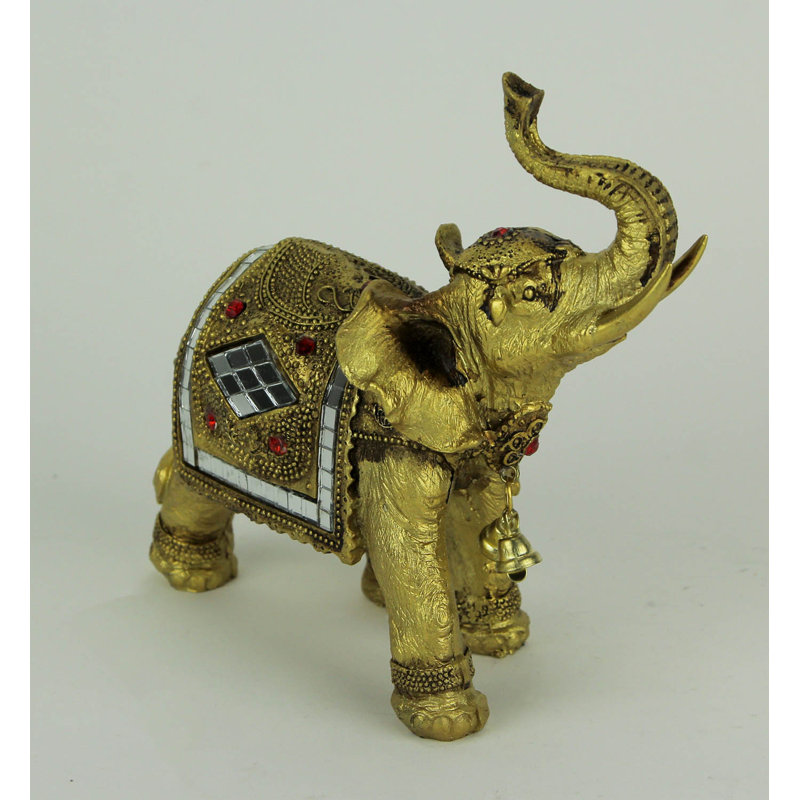 Figurine d'éléphant asiatique en résine dorée, trompe relevée et tapis orné de pierres précieuses, 15 cm de hauteur