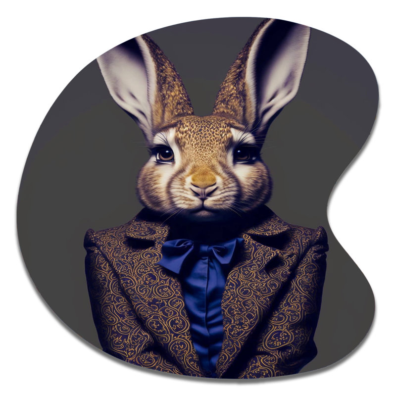 Art mural asymétrique en forme de lapin fantaisie dans un costume bleu, H 27 po x l 27 po