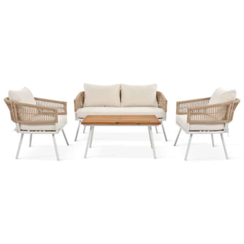 Ensemble de conversation 4 pièces corde de patio en bois d'acacia avec coussin épais beige pour la cour extérieure, Beige