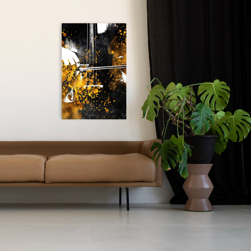 Golden Cello Melody, art mural abstrait contemporain, H 48 po x l 32 po