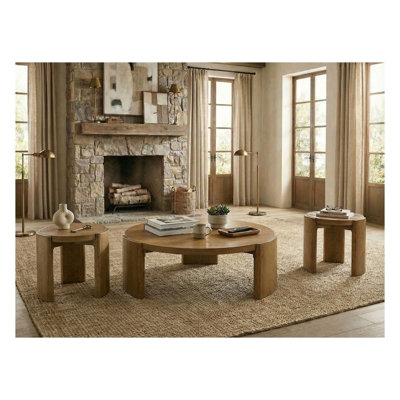 Ensemble de 3 pièces de style contemporain : 1 table basse et 2 tables d'appoint. Socle et plateau ronds. Mobilier de salon au fini noyer.