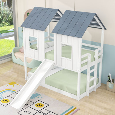 Twin Over Twin House Bunk Bed With Slide And Roof