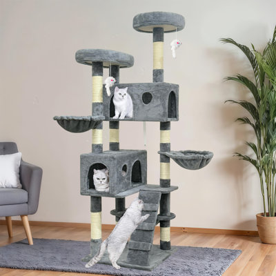 68" Large Cat Tree, Large Multi-Level Cat Condo With Sisal Leaf Scratching Posts, Sturdy Construction Easy Assembly, Indoor Pet Furniture, Grey