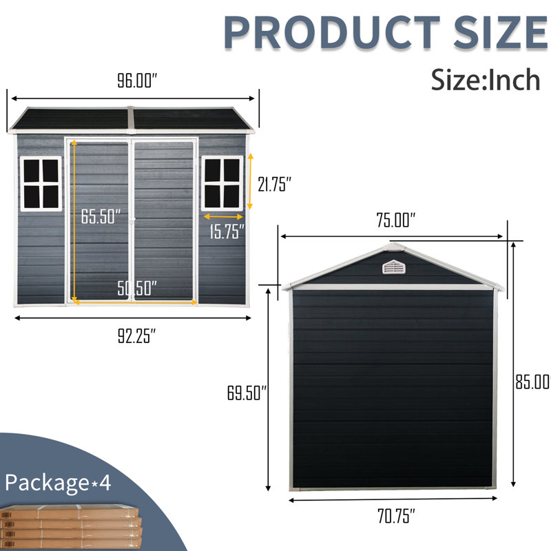 8X6ft Outdoor Resin Storage - Waterproof Shed With Two Windows, Floor & Lockable Door Garden Black Floor, Windows For Patio