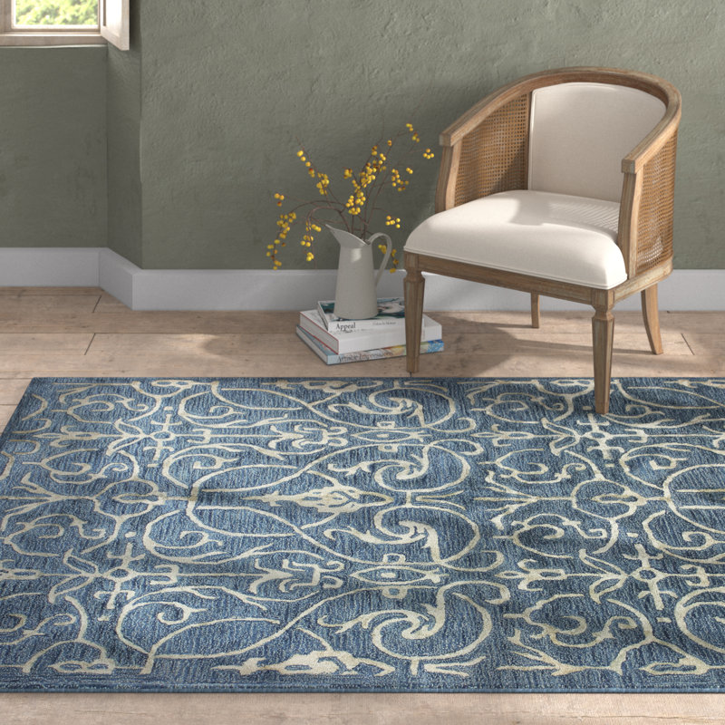 Waylon Handmade Tufted Azure/Ivory Area Rug, Rectangle 5'6" x 8'6"