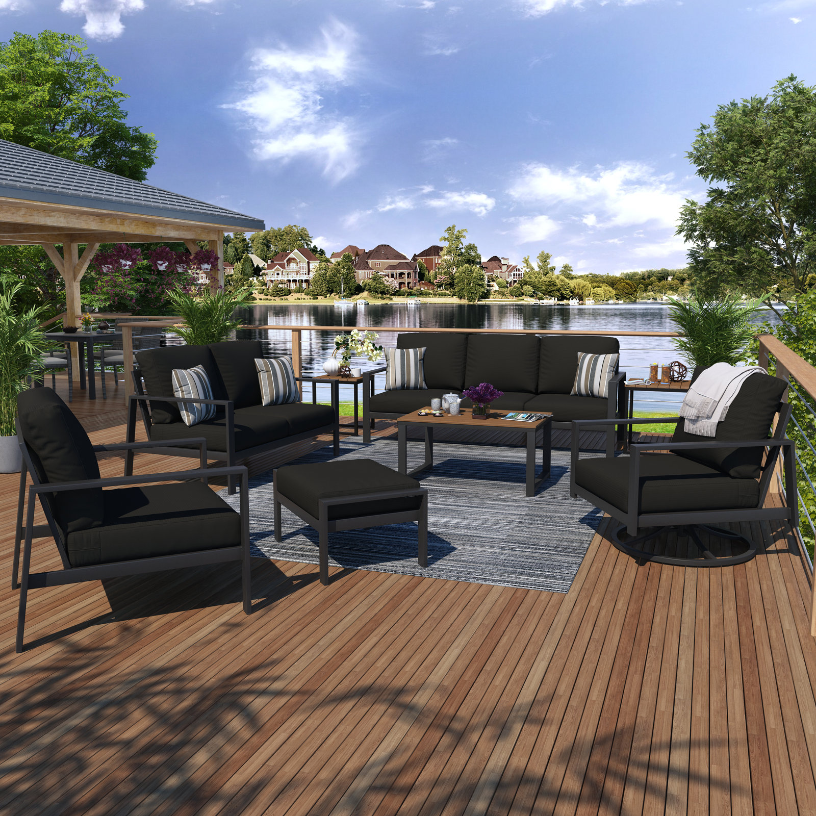 Townsend 8-Person Sunbrella® Patio Seating Group, Canvas Black Sunbrella® Canvas, Mahogany