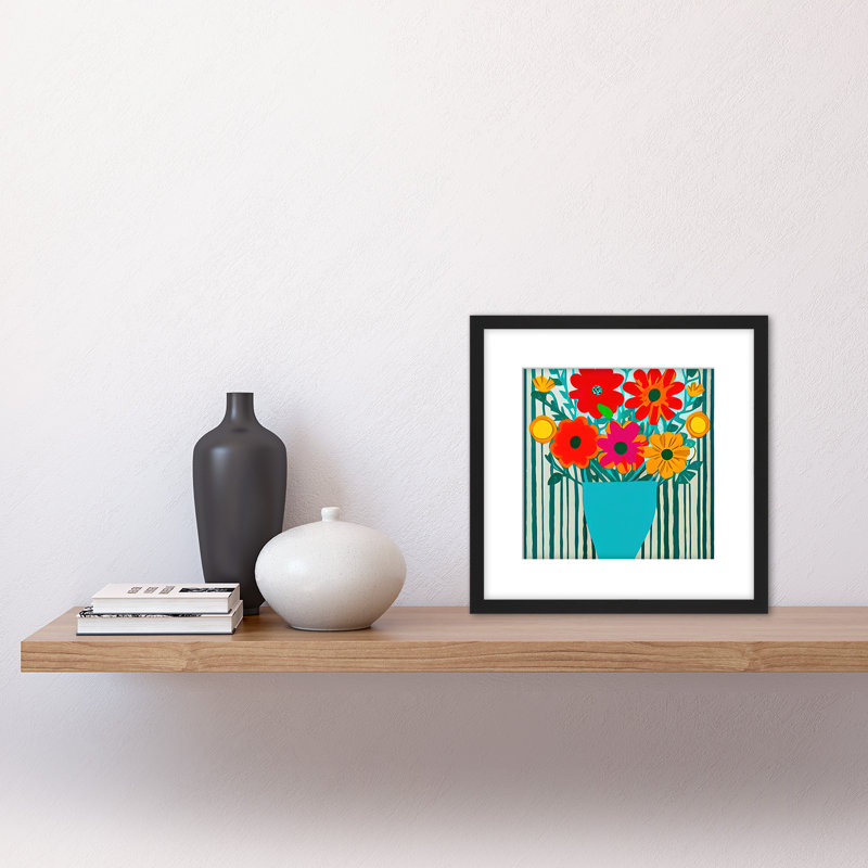 Bouquet of Flowers Teal Vase With Stripes 1 Piece Single Picture Frame Painting