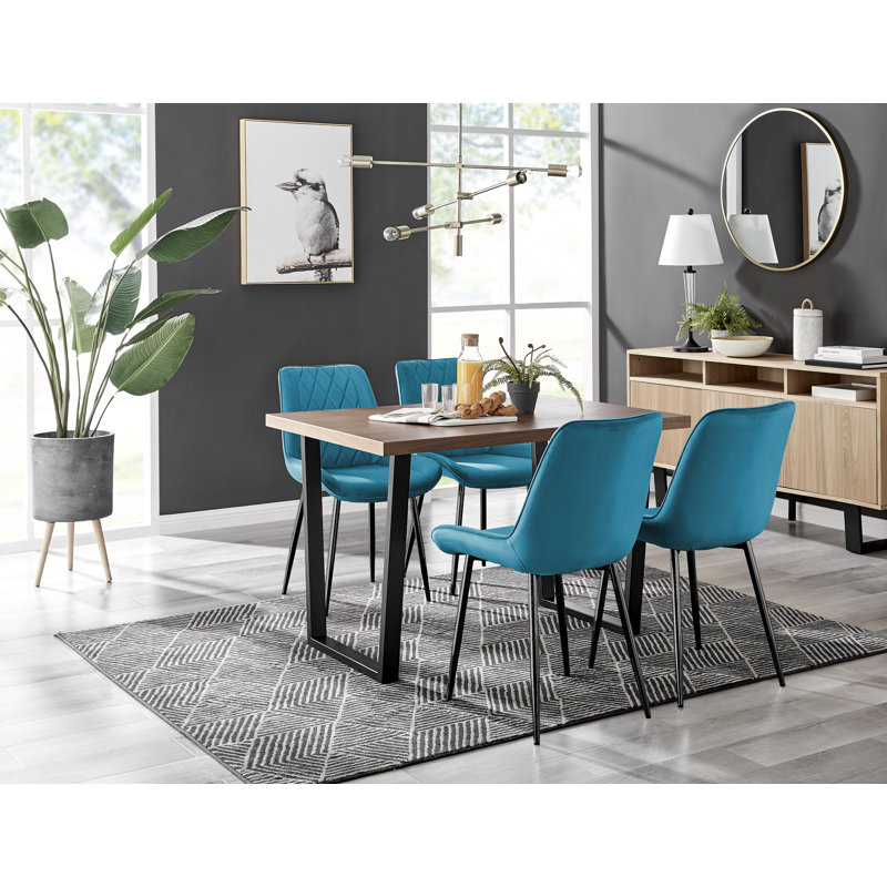 Edzard Industrial Style Wood Effect Dining Table Set with 4 Luxury Velvet Upholstered Dining Chairs, Blue/Black