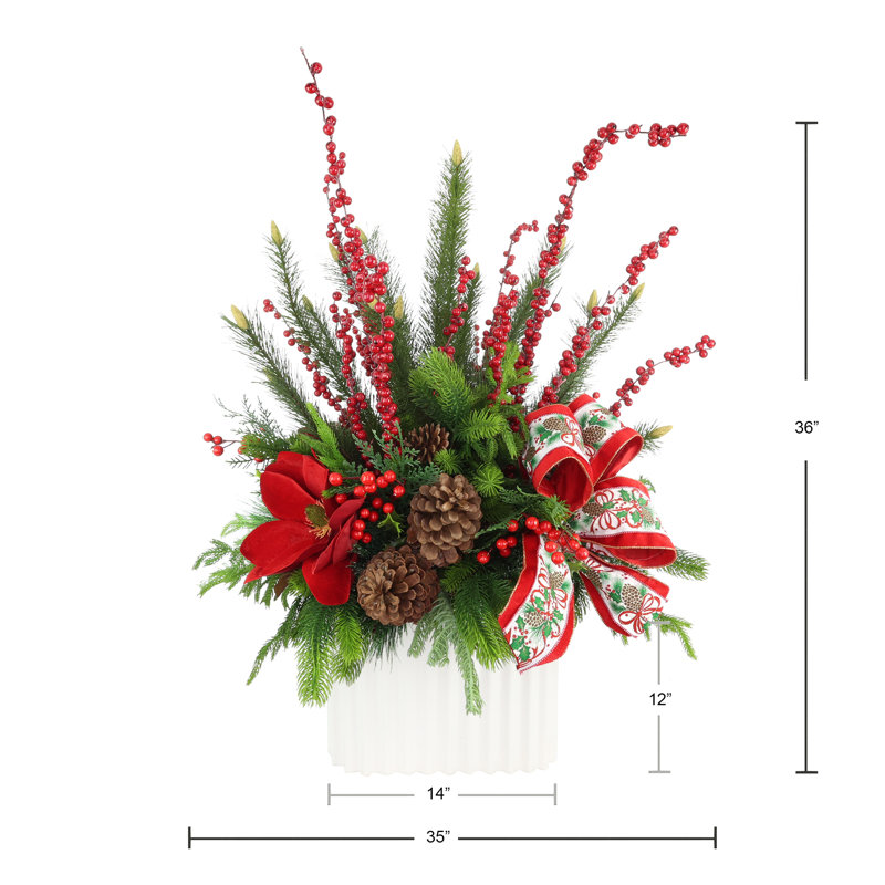 Holiday Floral Arrangement with Magnolias, Berries and Bows, Red/Green