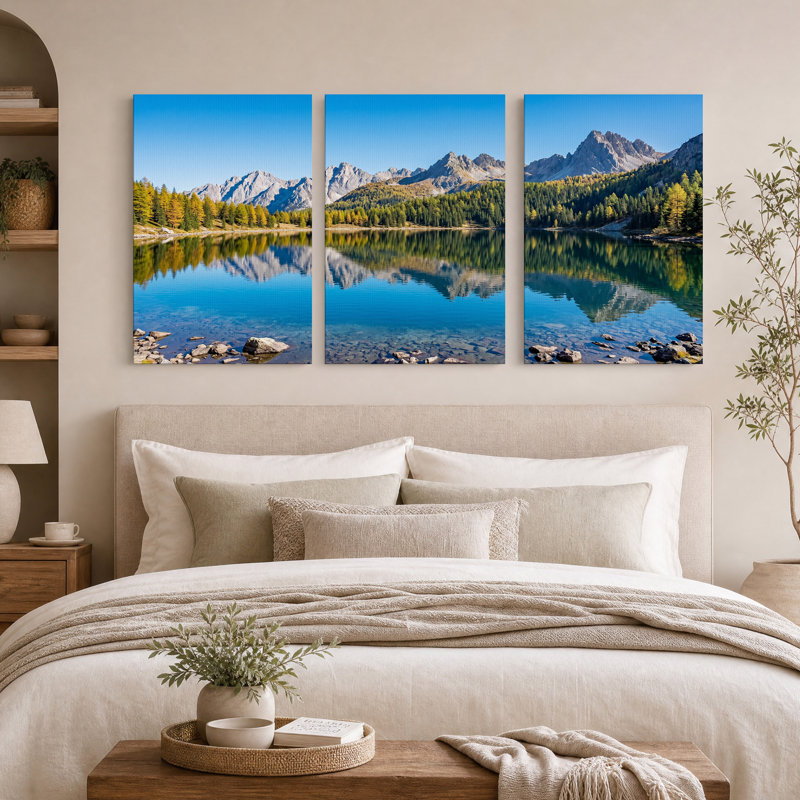Reflet d'un lac de montagne avec des arbres d'automne - Ensemble de 3 toiles murales, 24"H x 16"W x 3pcs