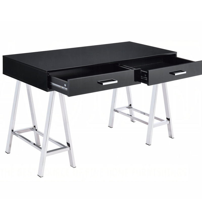 Bureau rectangulaire avec base et 2 tiroirs, bureau noir brillant