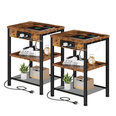 Table de chevet à 3 niveaux avec station de charge, table de bout avec 2 prises CA, ports USB et Type-C pour la chambre à coucher et le salon, ensemble de 2