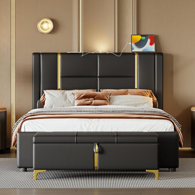 Ensemble de chambre à coucher 2 pièces, lit plateforme tapissier avec lit gigogne, 2 tiroirs, veilleuse et charge USB, repose-pieds avec rangement et pieds en métal