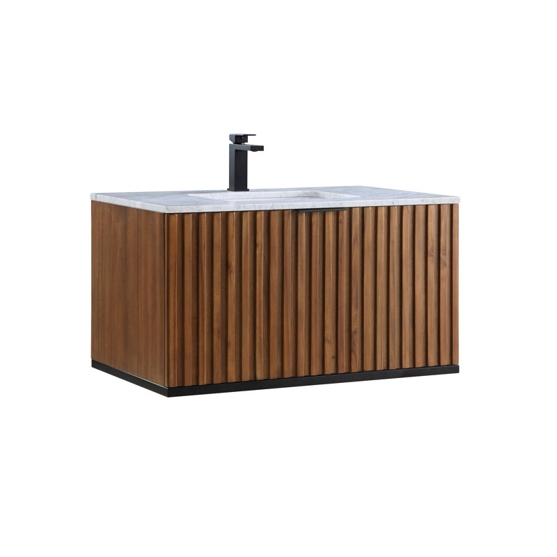 Terra 36'' W Single Vanity, Walnut, Carrara Marble/Single Faucet Mount, Matte Black