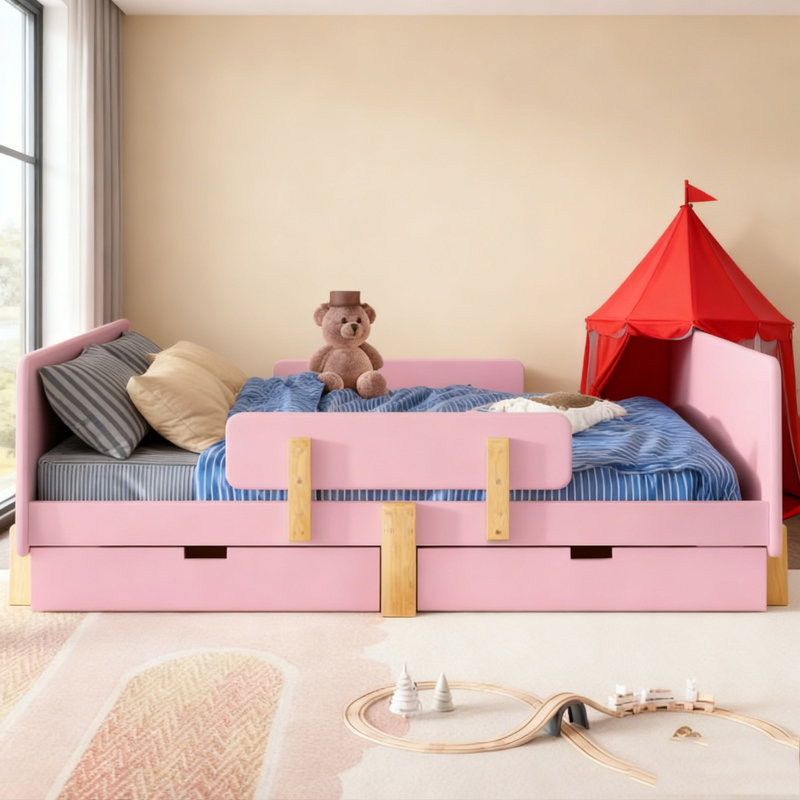 Lit plateforme avec tiroirs de rangement, structure de lit en bois massif avec garde-corps, petite tablette et crochets, Rose