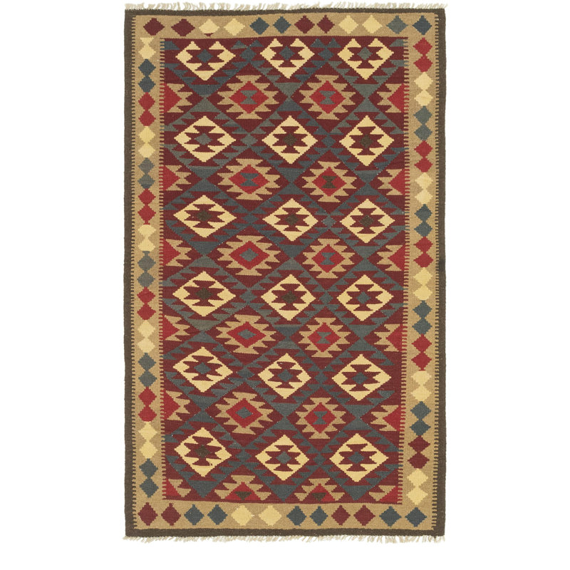 Tapis de zone en laine bourgogne/bleu 5 pi x 8 pi noué la à la main one-of-kind Lorain