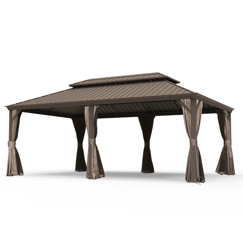 14' X 20' Hardtop Gazebo, Upgraded Metal Gazebo With Drainage System, Dual-Layer Galvanized Steel Roof, Curtain And Netting, Outdoor Shelter Canopy For Patio, Garden, And Backyard, Brown