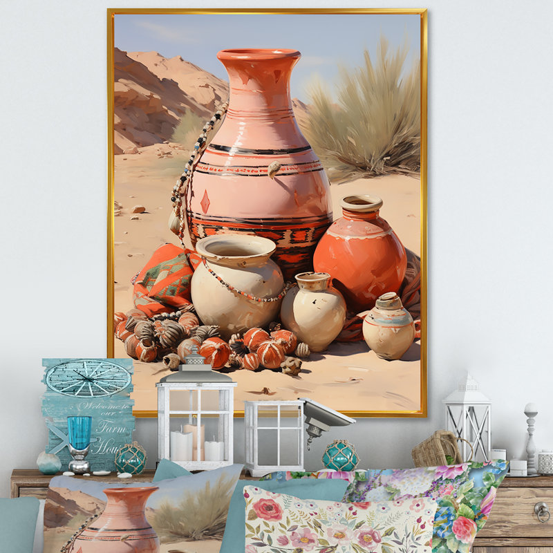 Art mural rose sur toile - Poterie bohème, Cadre flottant doré, H 44 po x l 34 po x P 1,5 po
