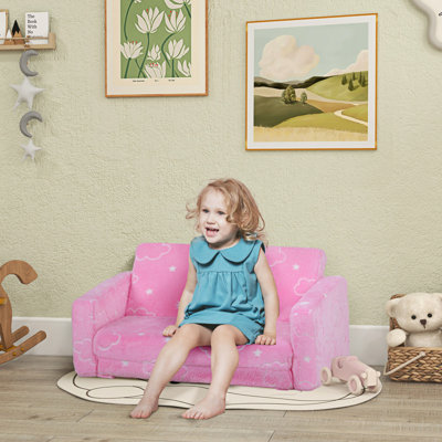 Qaba 2 In 1 Kids Sofa Chair, Toddler Couch With Glow In The  Cosmic Patten, Washable Cover, Fold Out Convertible Sofa To Lounger  Playroom ,