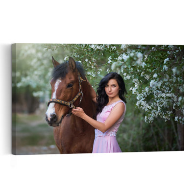 Woman And Horse In Spring Elegant Peaceful Serene Horse Nature Portrait Wall Art Print 1 Piece Wrapped Canvas Wall Art