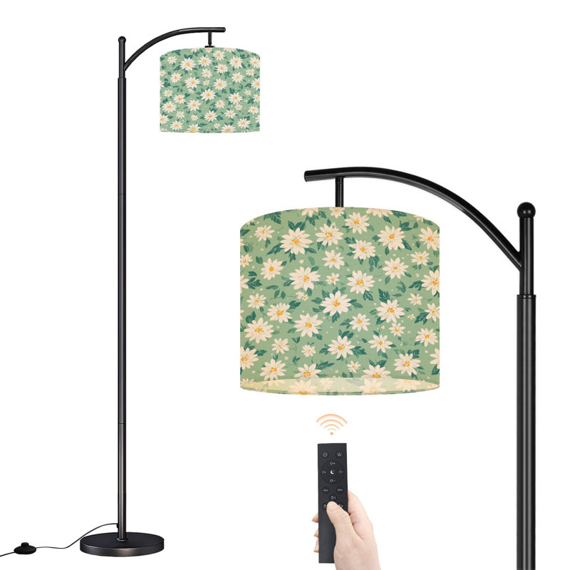 Lampe sur pied à arc avec abat-jour réglable à motif floral marguerites blanches vertes Lampe sur pied à 3 températures de couleur à intensité variable avec interrupteur au pied pour la chambre à coucher