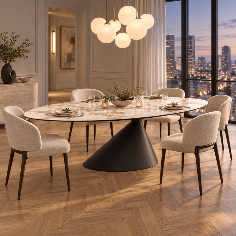Table de salle à manger ovale moderne en pierre frittée avec dessus d'aspect marbre et pied central en acier inoxydable, idéale pour la cuisine et le salon.