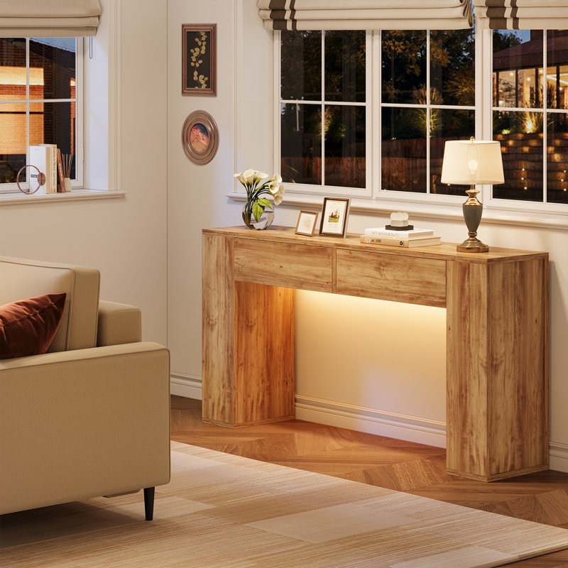 Console Diyanna 55,12 po avec 2 tiroirs et lumière DEL, Marron clair